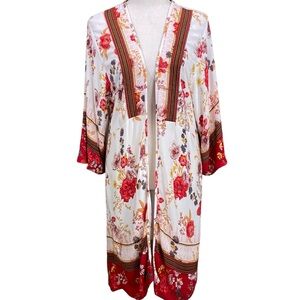Knox Rose Cream Red Floral Kimono S 3/4 Sleeves Lightweight Bohemian Festival